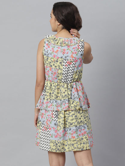 Women's Tile Print Dress with Peplum Detail