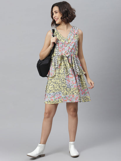 Women's Tile Print Dress with Peplum Detail