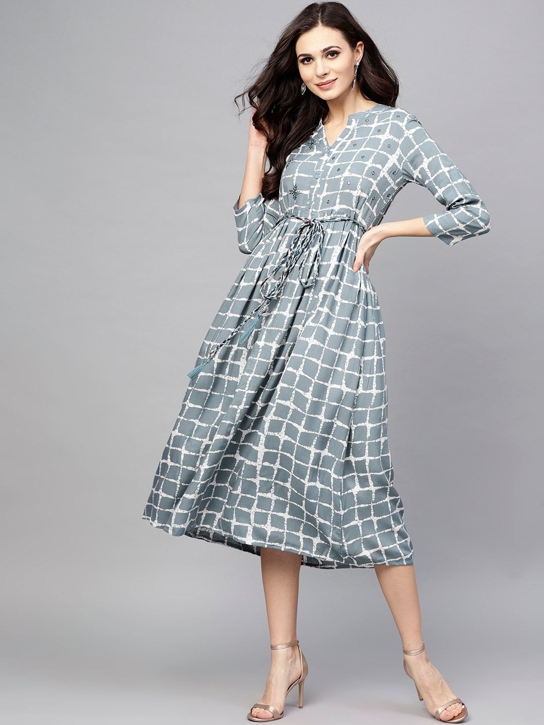 Women's  Grey Checked Midi Fit & Flare Dress