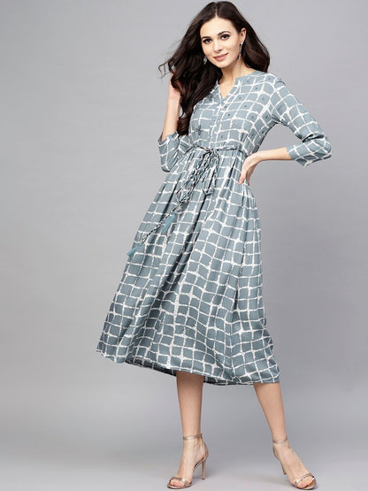 Women's  Grey Checked Midi Fit & Flare Dress