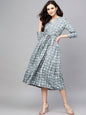 Women's  Grey Checked Midi Fit & Flare Dress