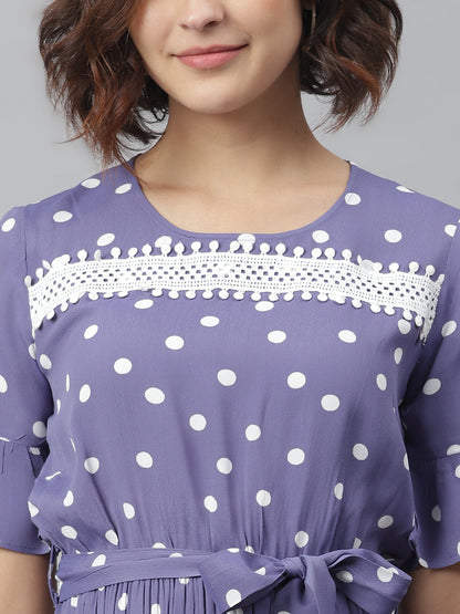 Women's Lavender Polka Dress with Lace detail