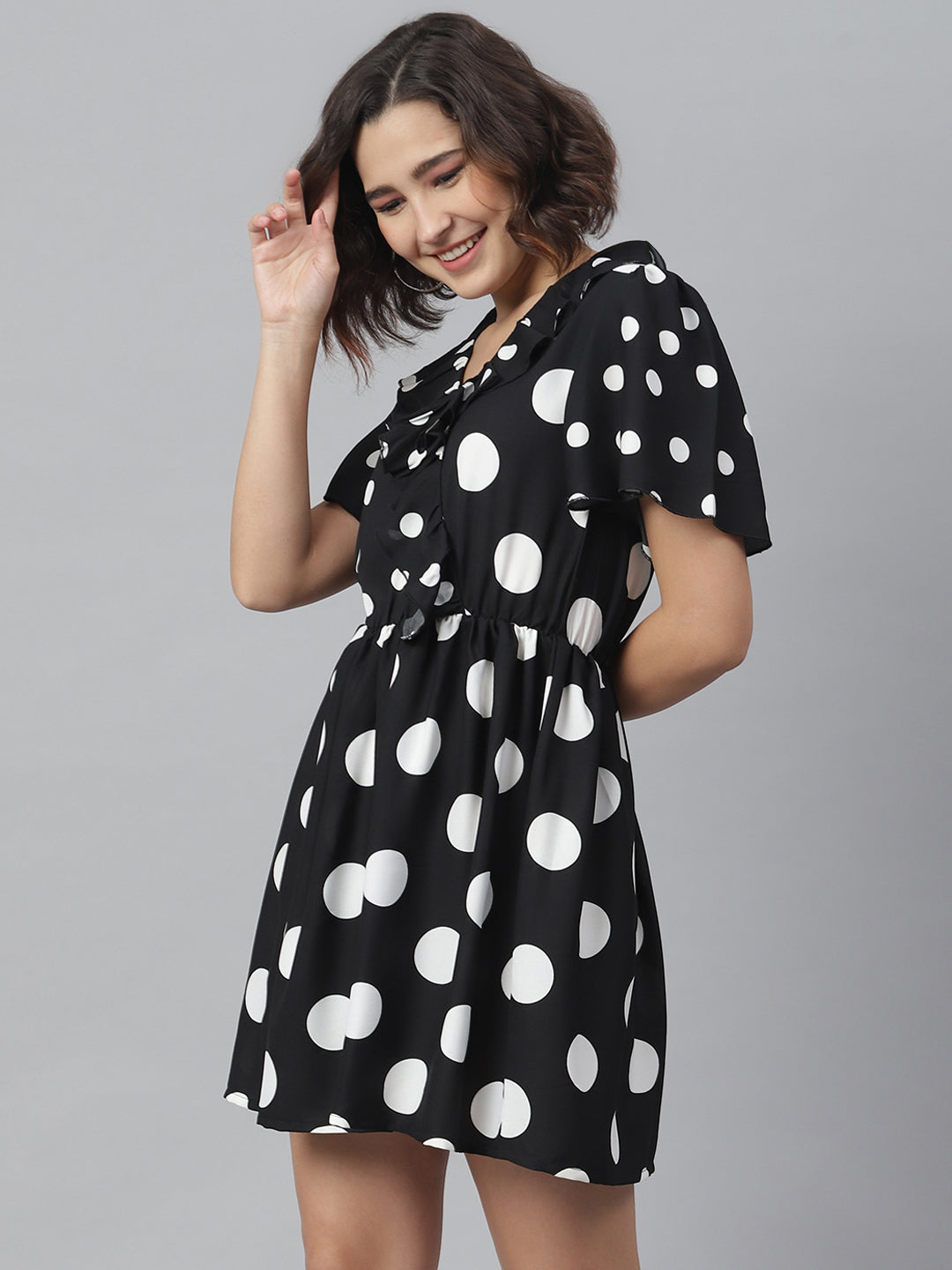 Women's Black Polka Dress with Ruffle