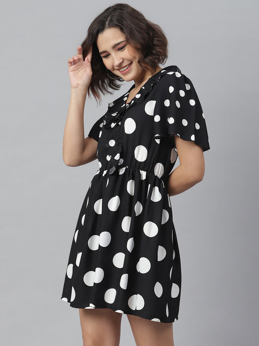 Women's Black Polka Dress with Ruffle