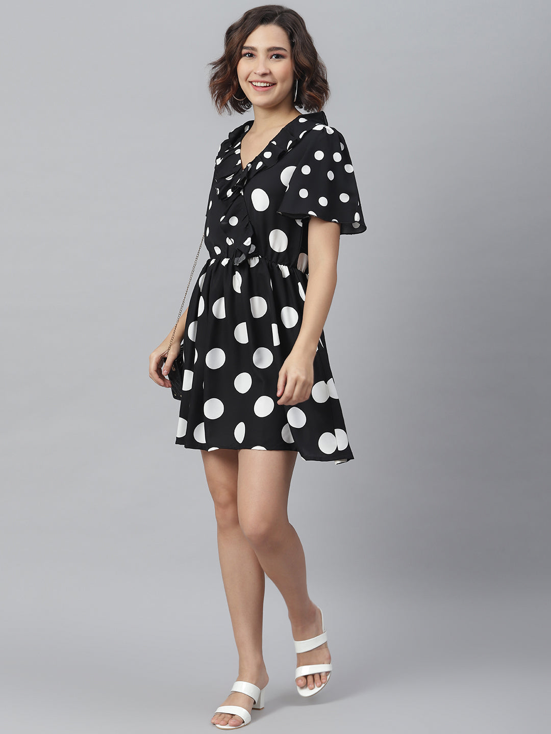 Women's Black Polka Dress with Ruffle