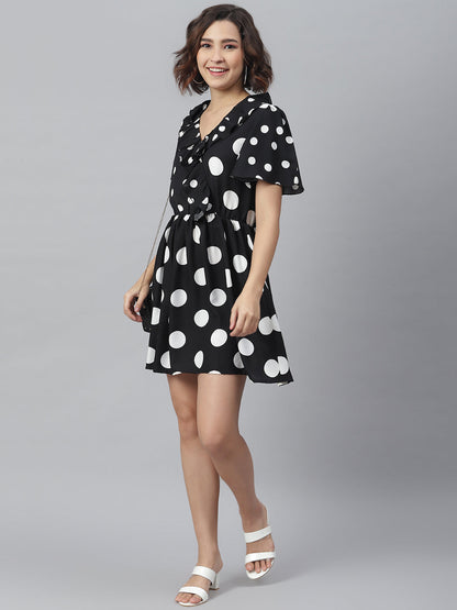 Women's Black Polka Dress with Ruffle