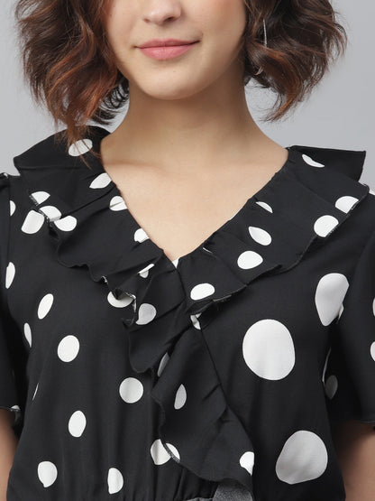 Women's Black Polka Dress with Ruffle