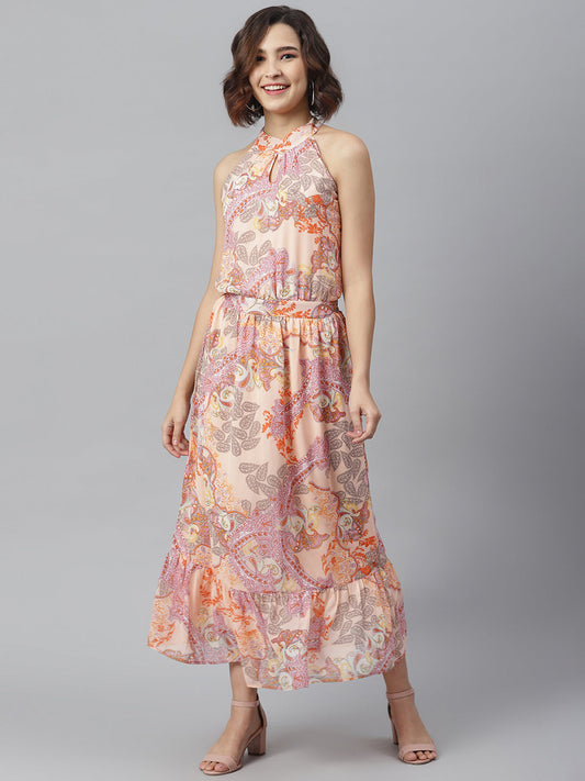 Women's Peach Printed Maxi Dress