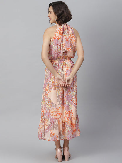 Women's Peach Printed Maxi Dress