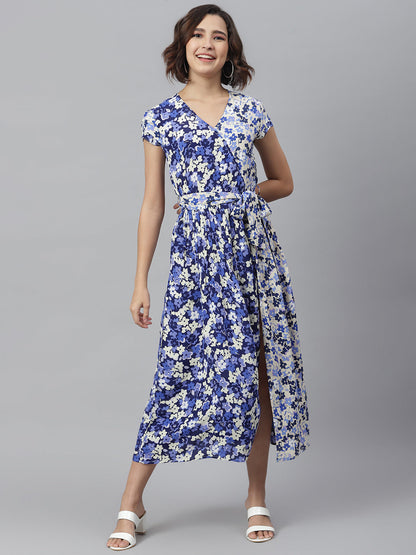 Women's Purple & White Printed Wrap Dress with Contrast panel