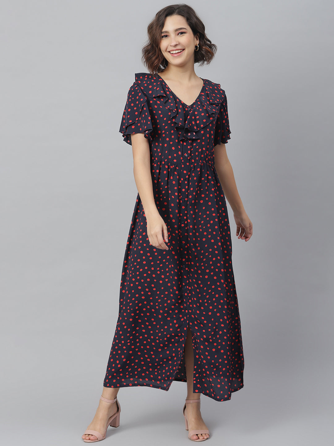 Women's Navy & Red Polka Ruffle Maxi dress