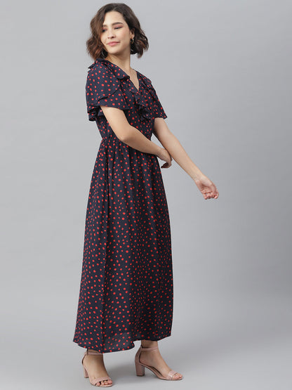 Women's Navy & Red Polka Ruffle Maxi dress