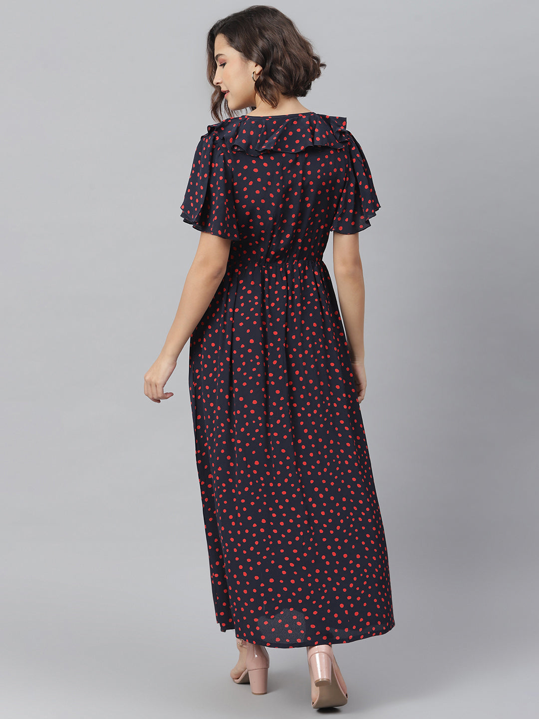 Women's Navy & Red Polka Ruffle Maxi dress
