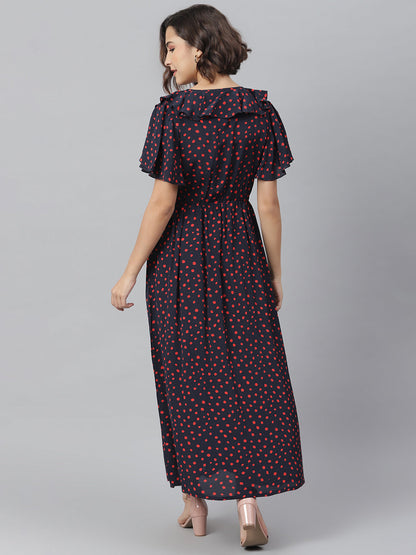 Women's Navy & Red Polka Ruffle Maxi dress