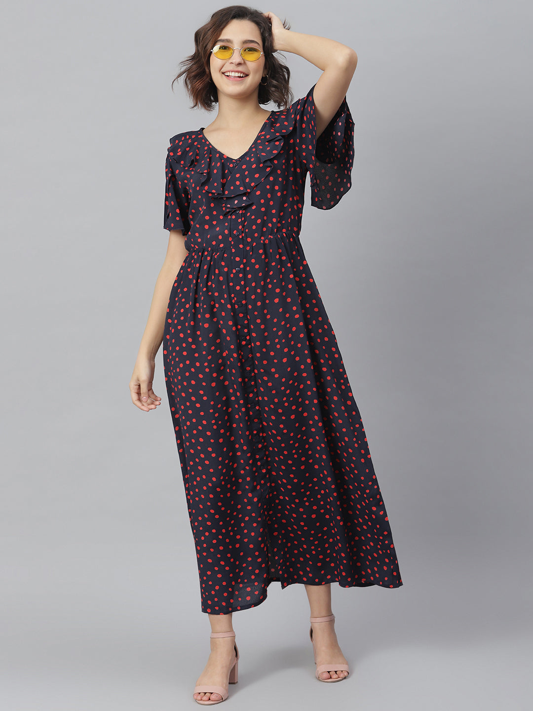 Women's Navy & Red Polka Ruffle Maxi dress