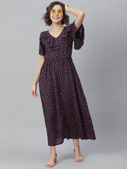 Women's Navy & Red Polka Ruffle Maxi dress