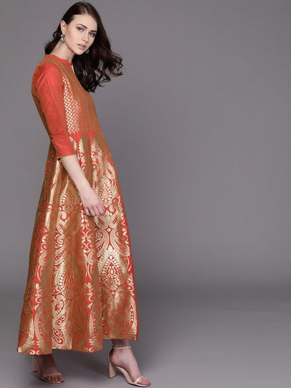 Women's  Orange & Golden Self Design Maxi Dress