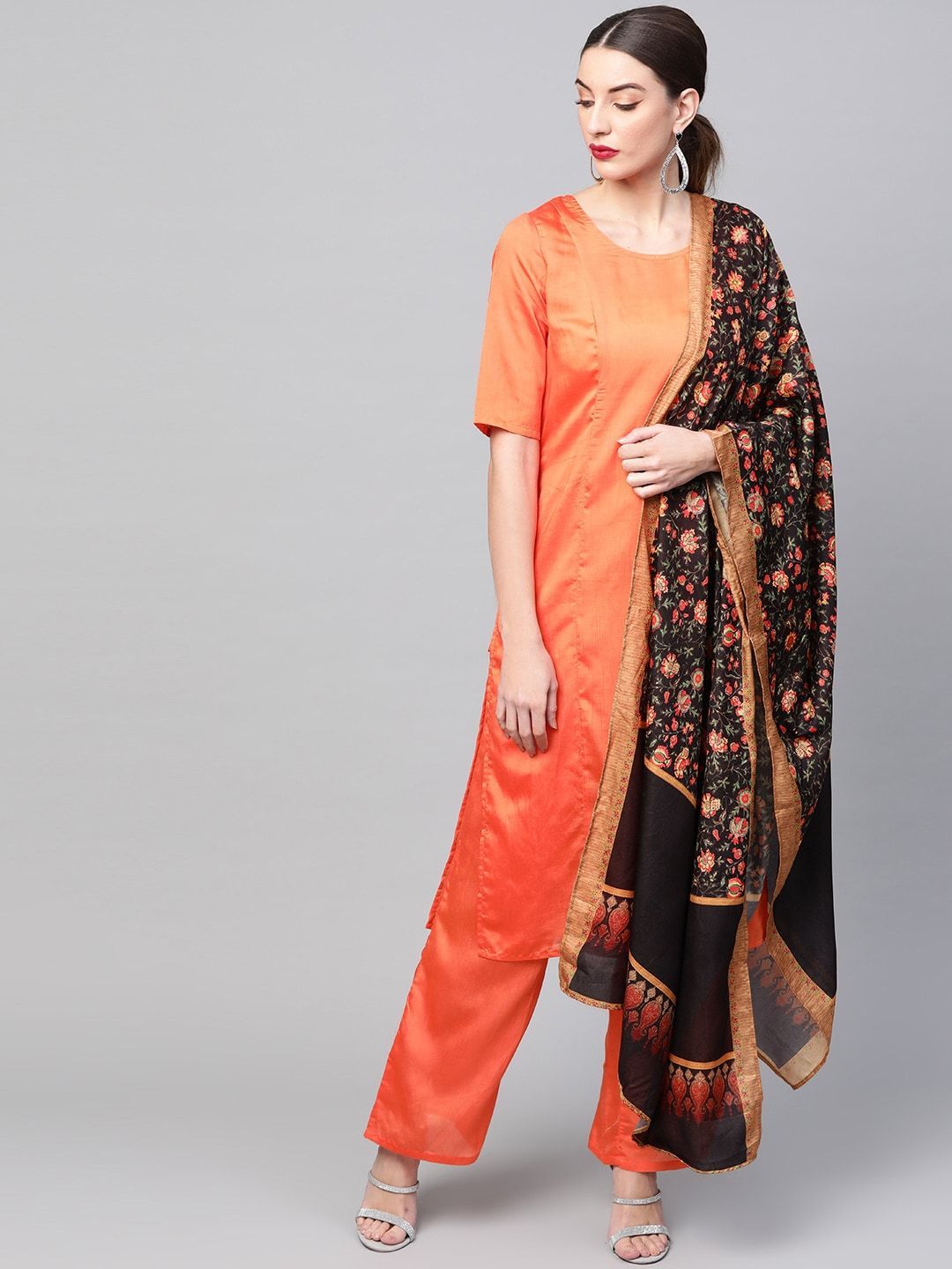 Women's  Orange Solid Straight Kurta with Palazzos & Dupatta