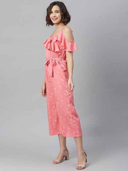 Women's Pink Cross Neck Ruffle Jumpsuit
