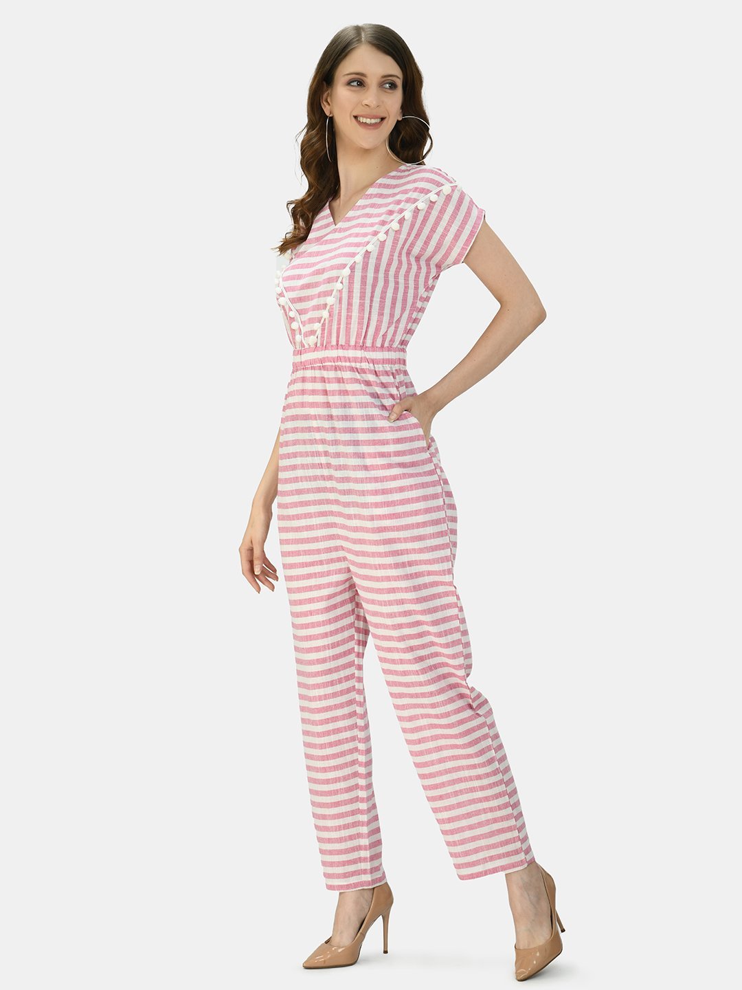 Women's Pink Cotton Printed Short Sleeve Round Neck Casual Jumpsuit