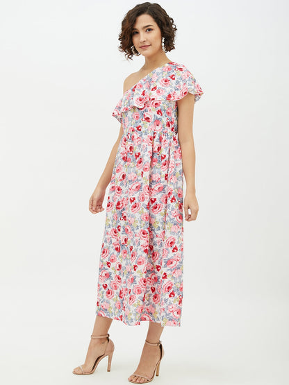 Women's Floral One shoulder Polyester Crepe Long dress