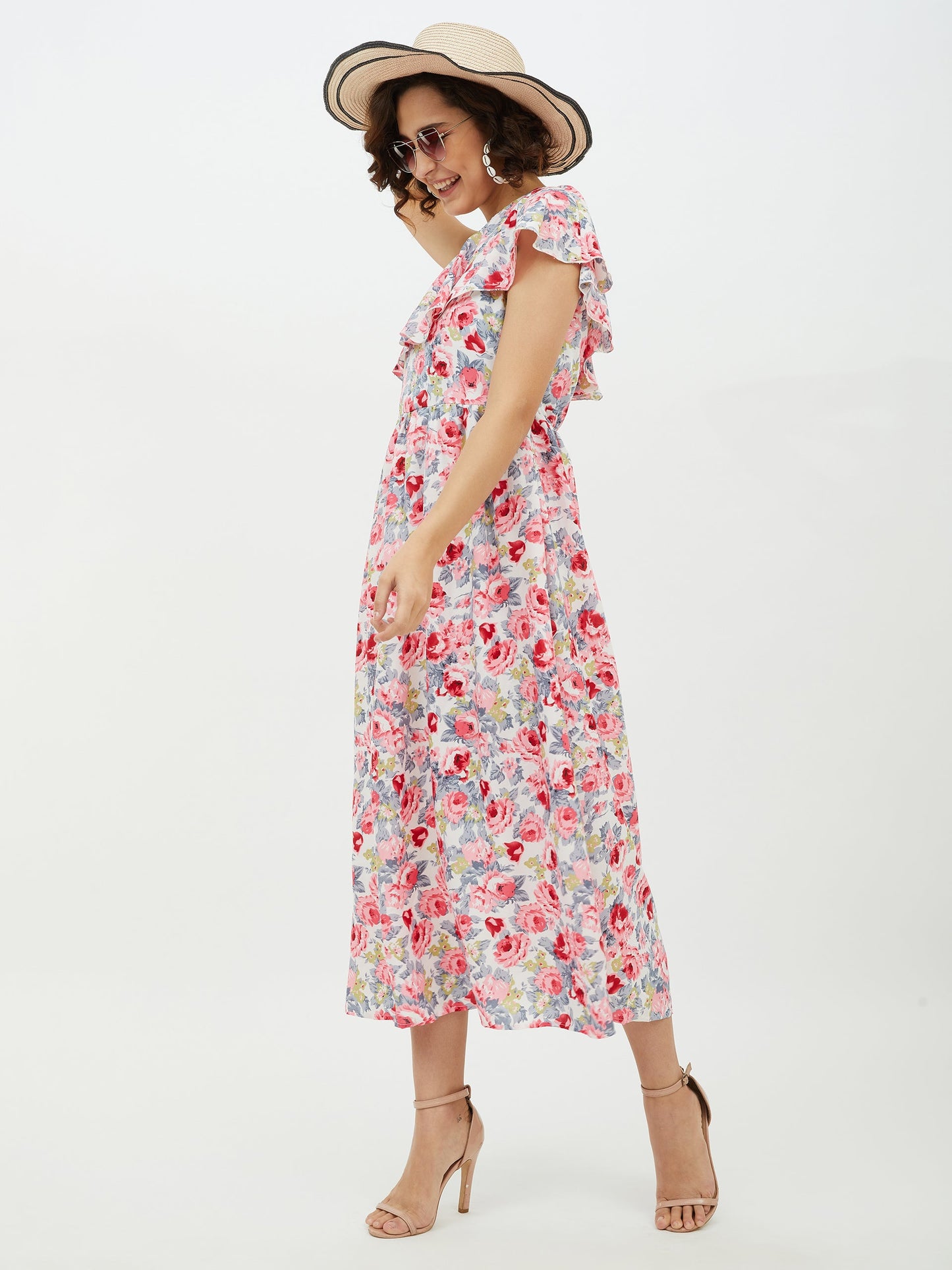 Women's Floral One shoulder Polyester Crepe Long dress