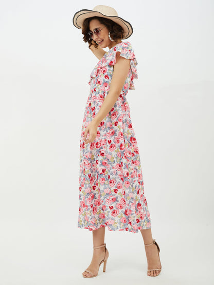 Women's Floral One shoulder Polyester Crepe Long dress