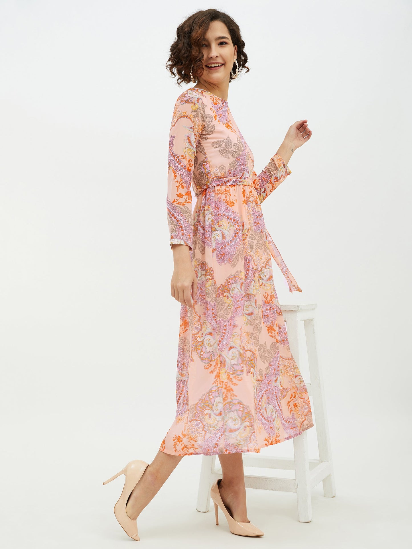 Women's Peach Printed Long Dress