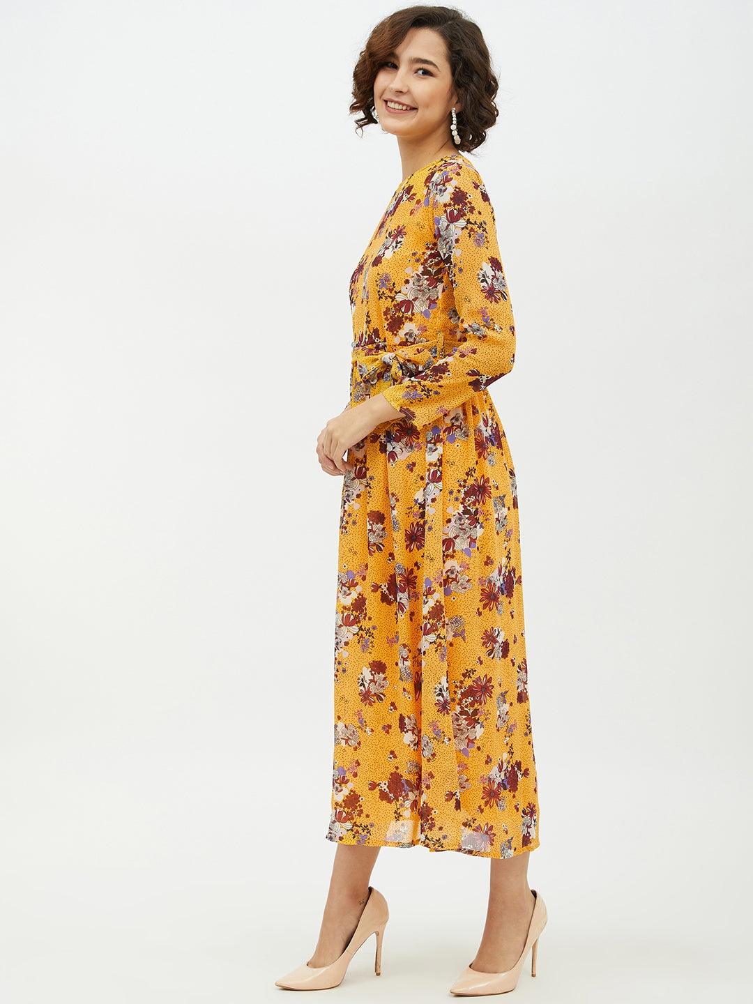 Women's Yellow Printed Floral Long Dress
