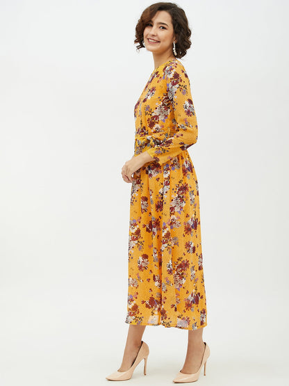 Women's Yellow Printed Floral Long Dress