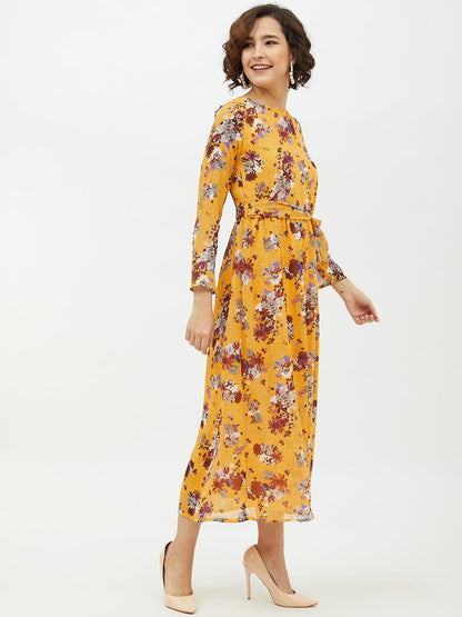 Women's Yellow Printed Floral Long Dress