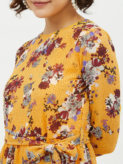 Women's Yellow Printed Floral Long Dress