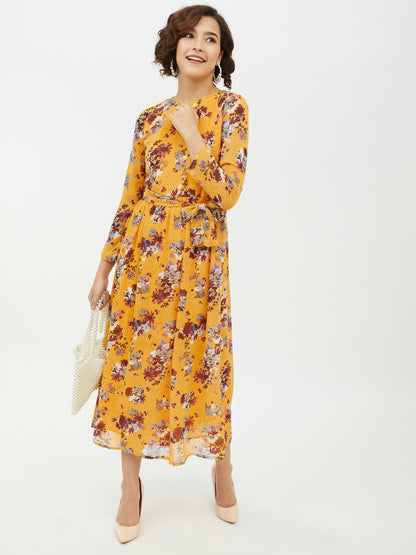 Women's Yellow Printed Floral Long Dress