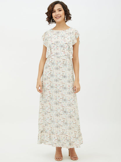 Women's White Printed long Dress