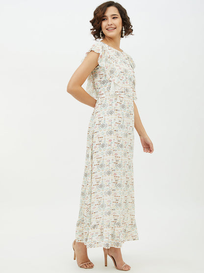 Women's White Printed long Dress