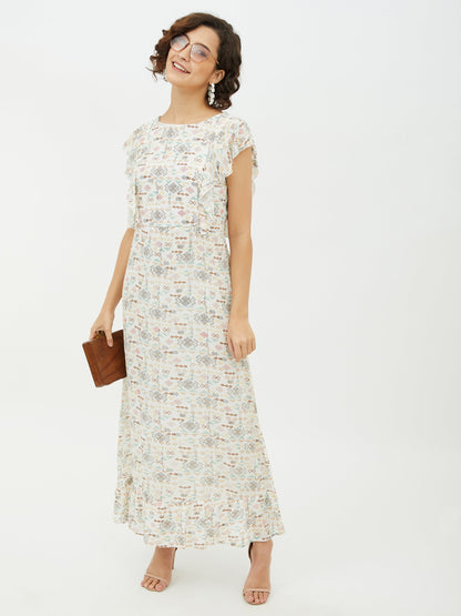Women's White Printed long Dress