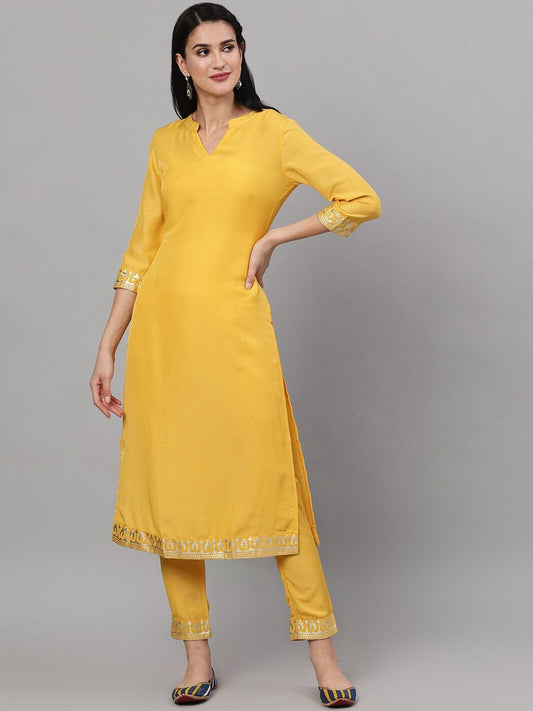 Women's  Yellow & Gold-Toned Embroidered Kurta with Trousers