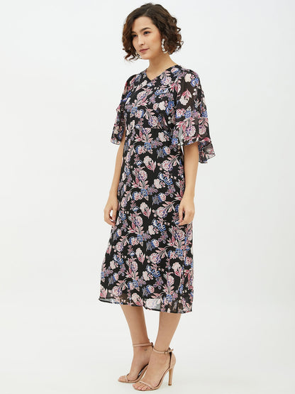 Women's Polyester Georgette Floral Print Cape style Dress