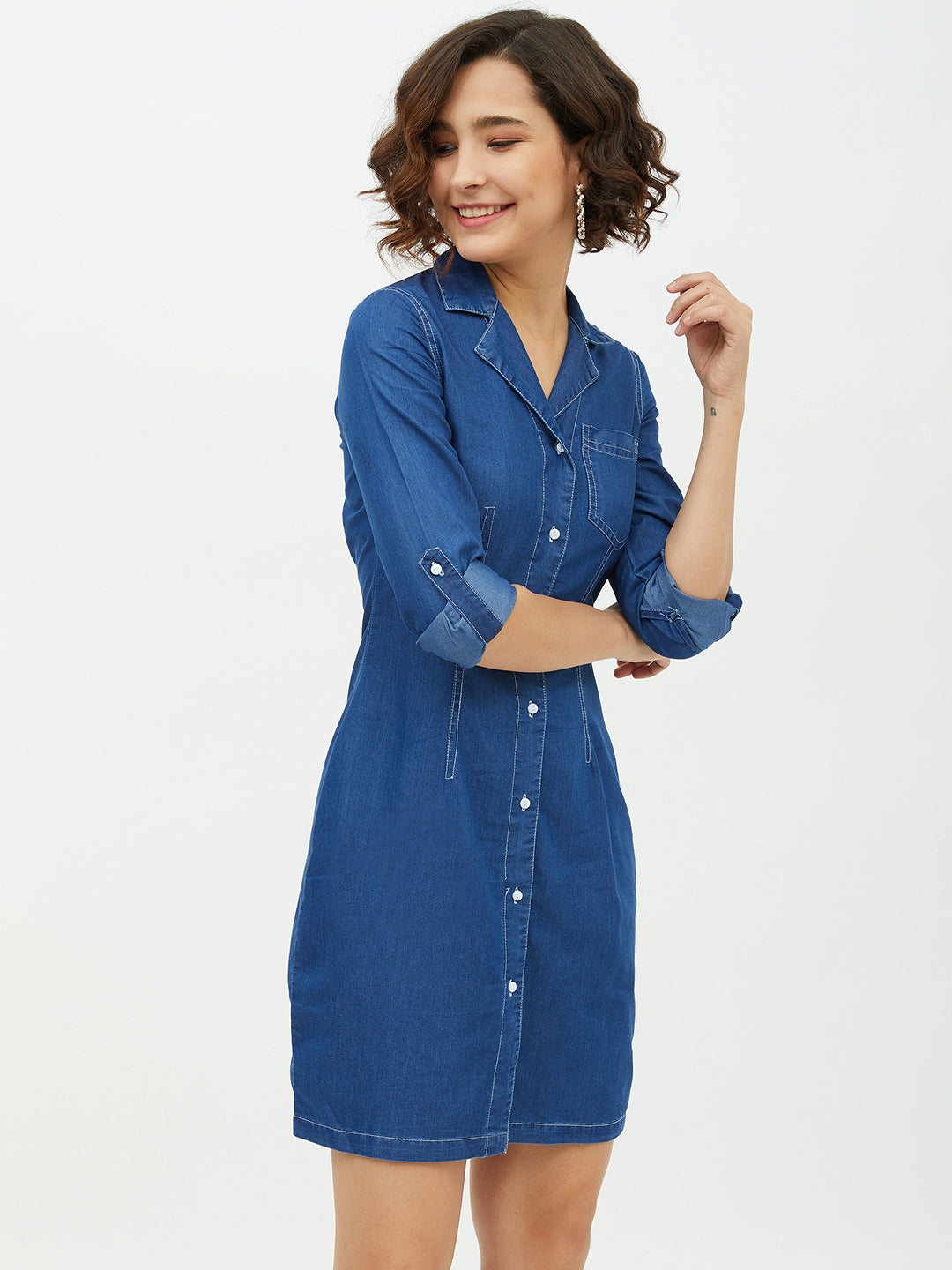 Women's Denim Lapel Collar Shirt Dress
