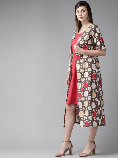Women's  Red & Brown Printed Layered A-Line Dress