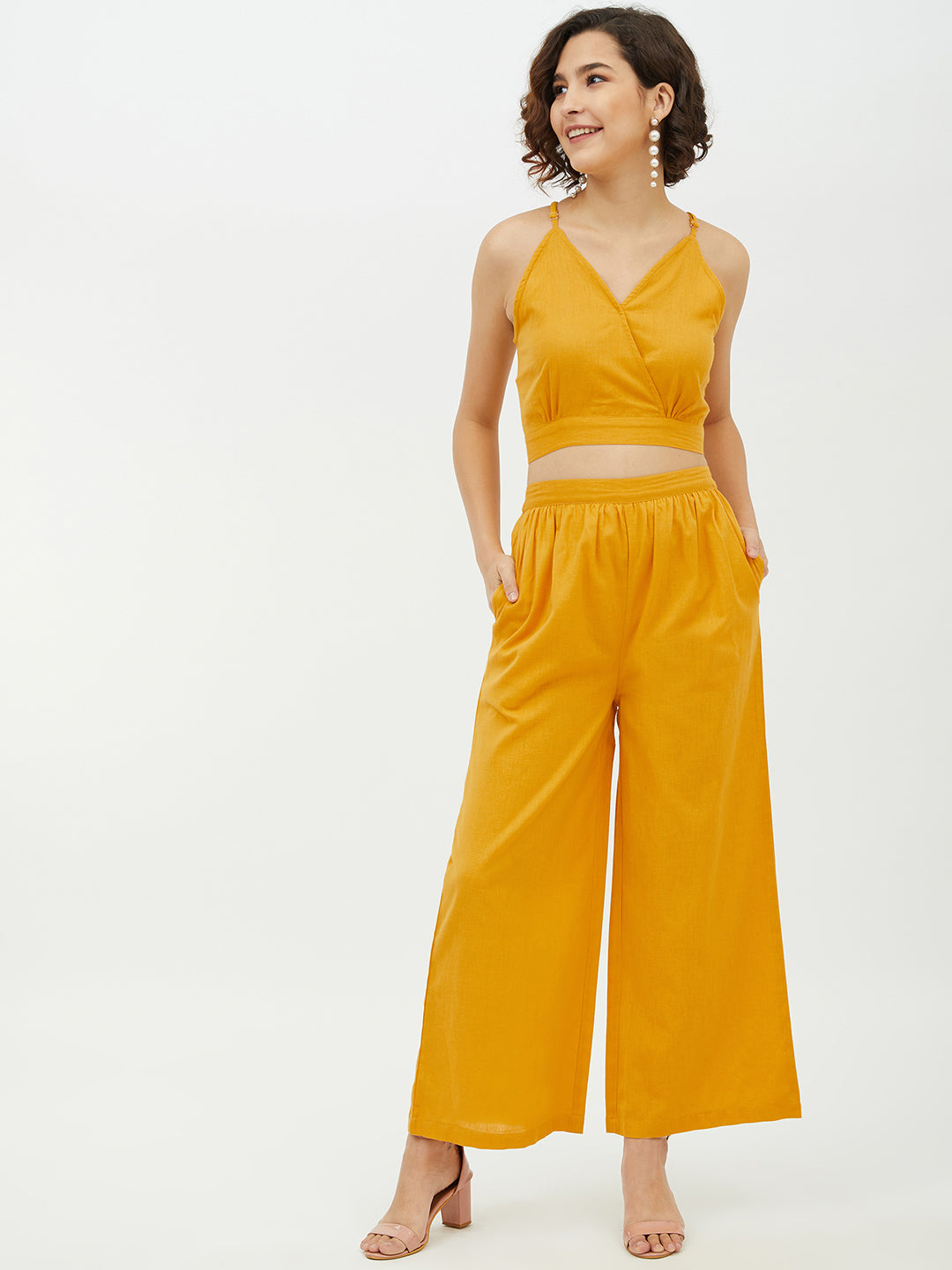 Women's Cotton Linen Yellow Crop Top and Pallazo set