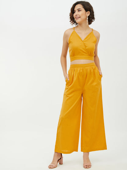 Women's Cotton Linen Yellow Crop Top and Pallazo set