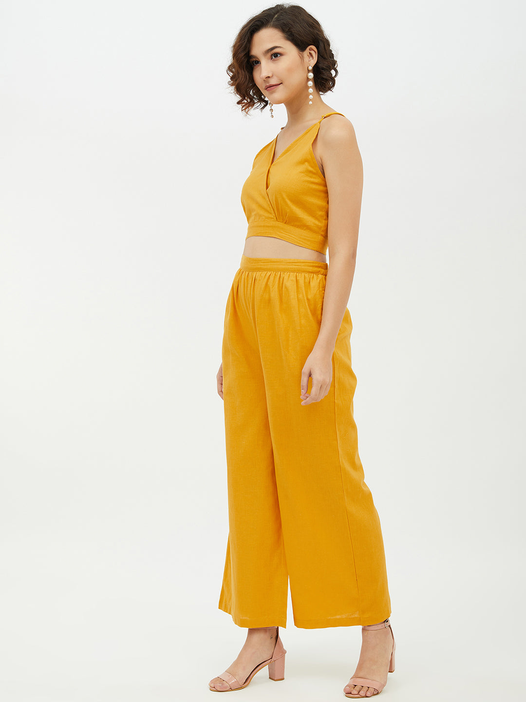 Women's Cotton Linen Yellow Crop Top and Pallazo set