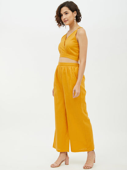 Women's Cotton Linen Yellow Crop Top and Pallazo set