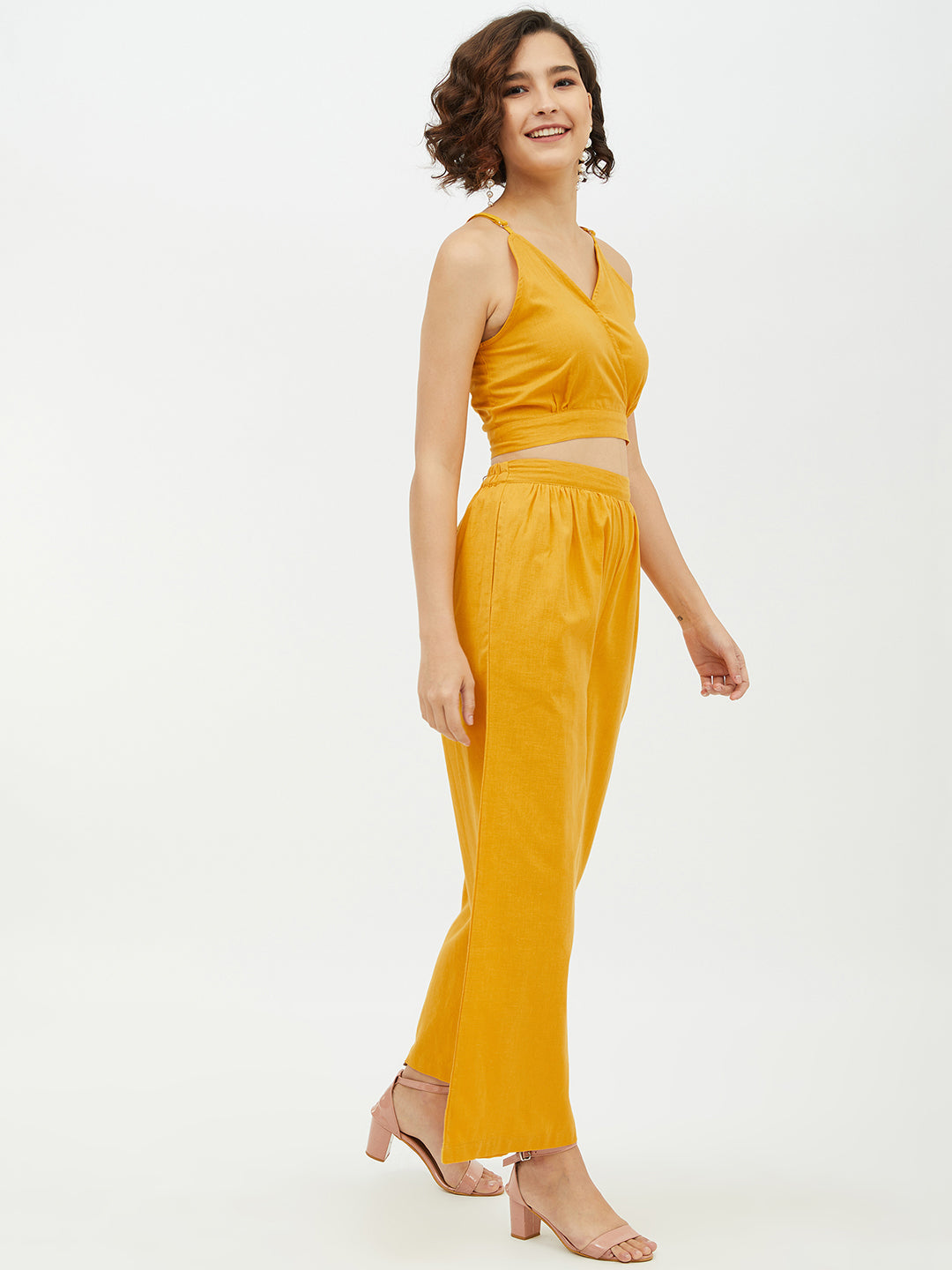 Women's Cotton Linen Yellow Crop Top and Pallazo set