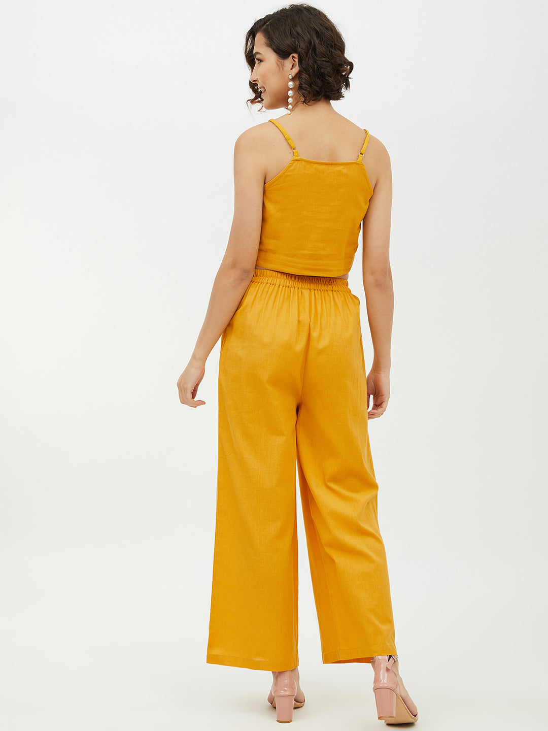 Women's Cotton Linen Yellow Crop Top and Pallazo set