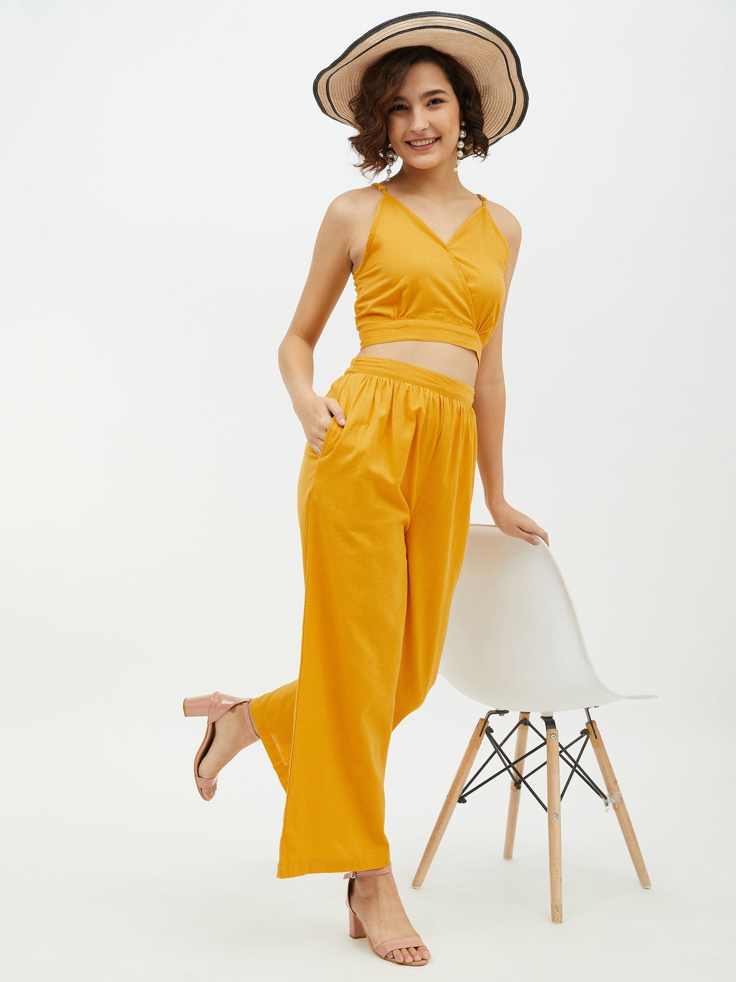 Women's Cotton Linen Yellow Crop Top and Pallazo set