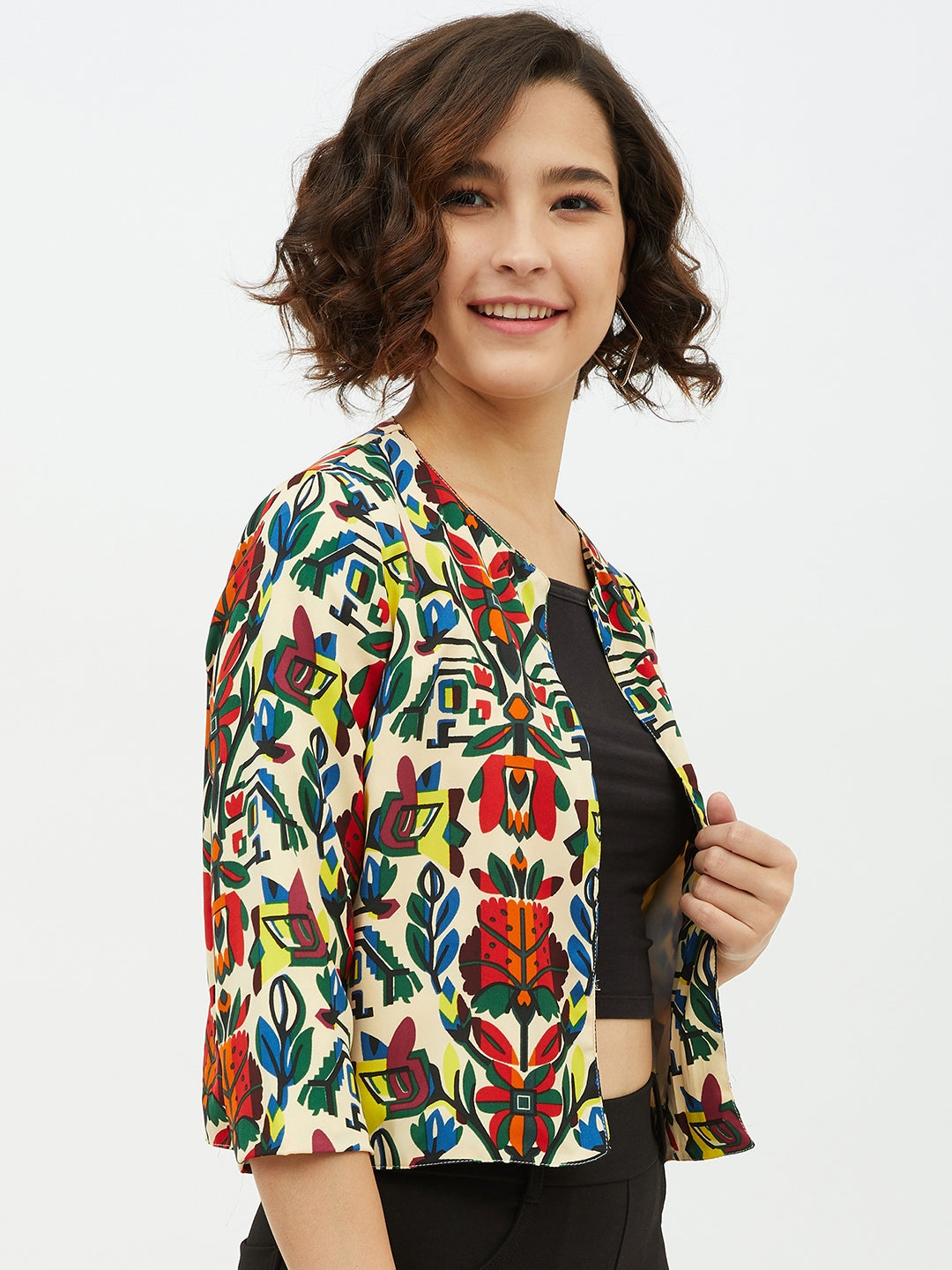 Women's Polyester Moss Floral Printed Open Shrug