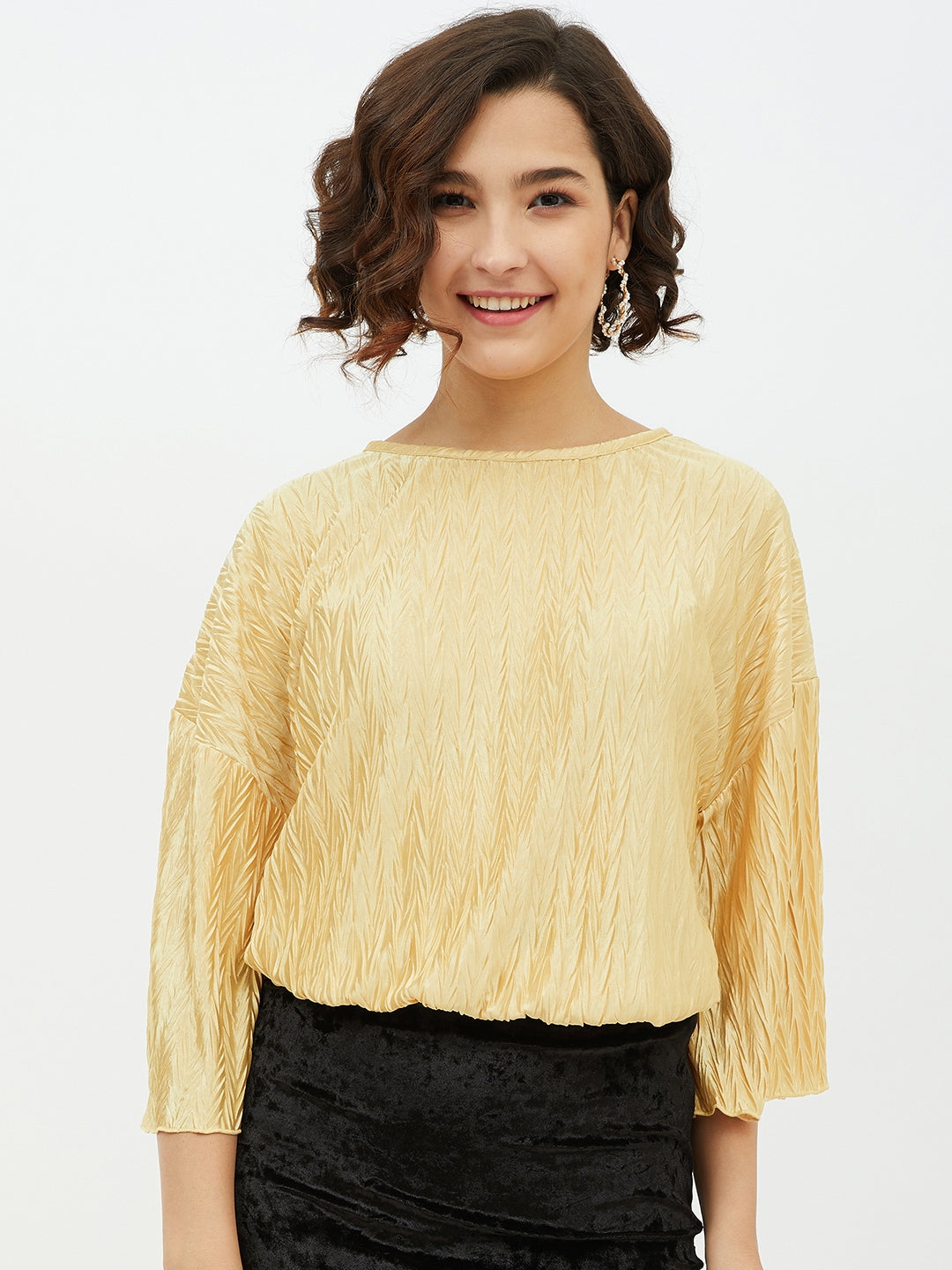 Women's Gold Polyester Satin Crinkle Pattern Top
