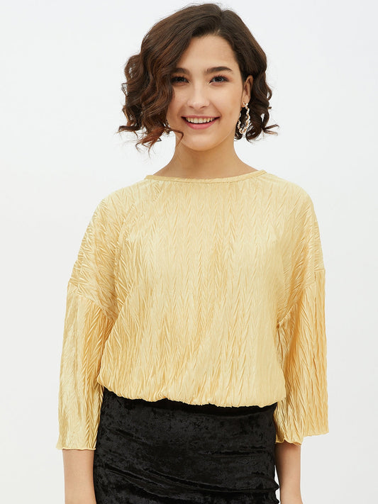 Women's Gold Polyester Satin Crinkle Pattern Top